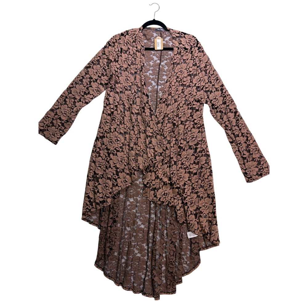 Storyteller Rose Floral Cardigan Women 3X Pink Lace Hi-Low Open Front Layer